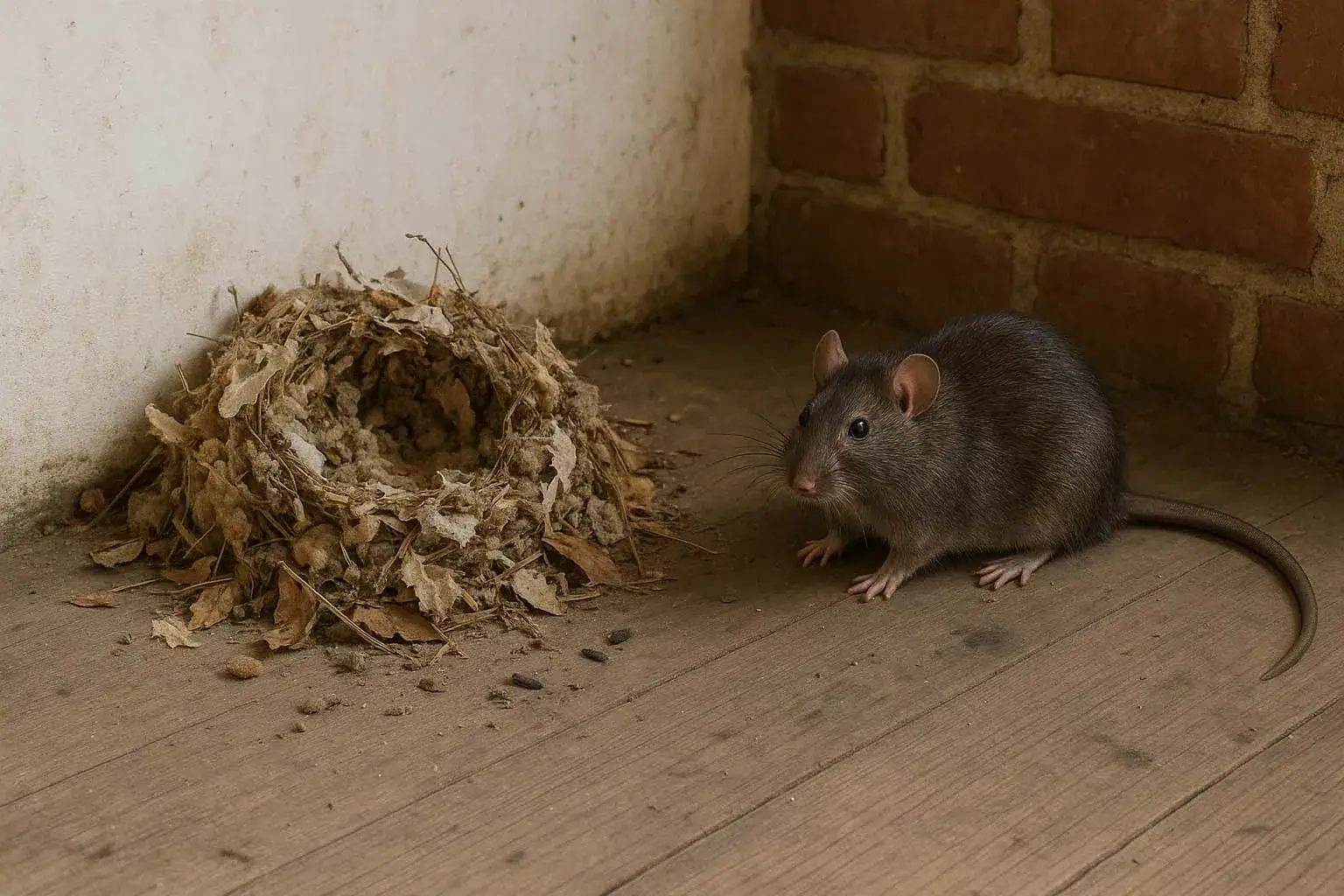 Rat brun installé près d’un nid dans une habitation